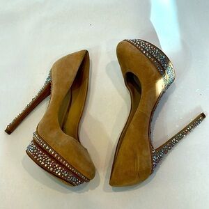 Brian Atwood Beige Suede Platform Stilettos Crystals Heels Shoes Size 7 women’s